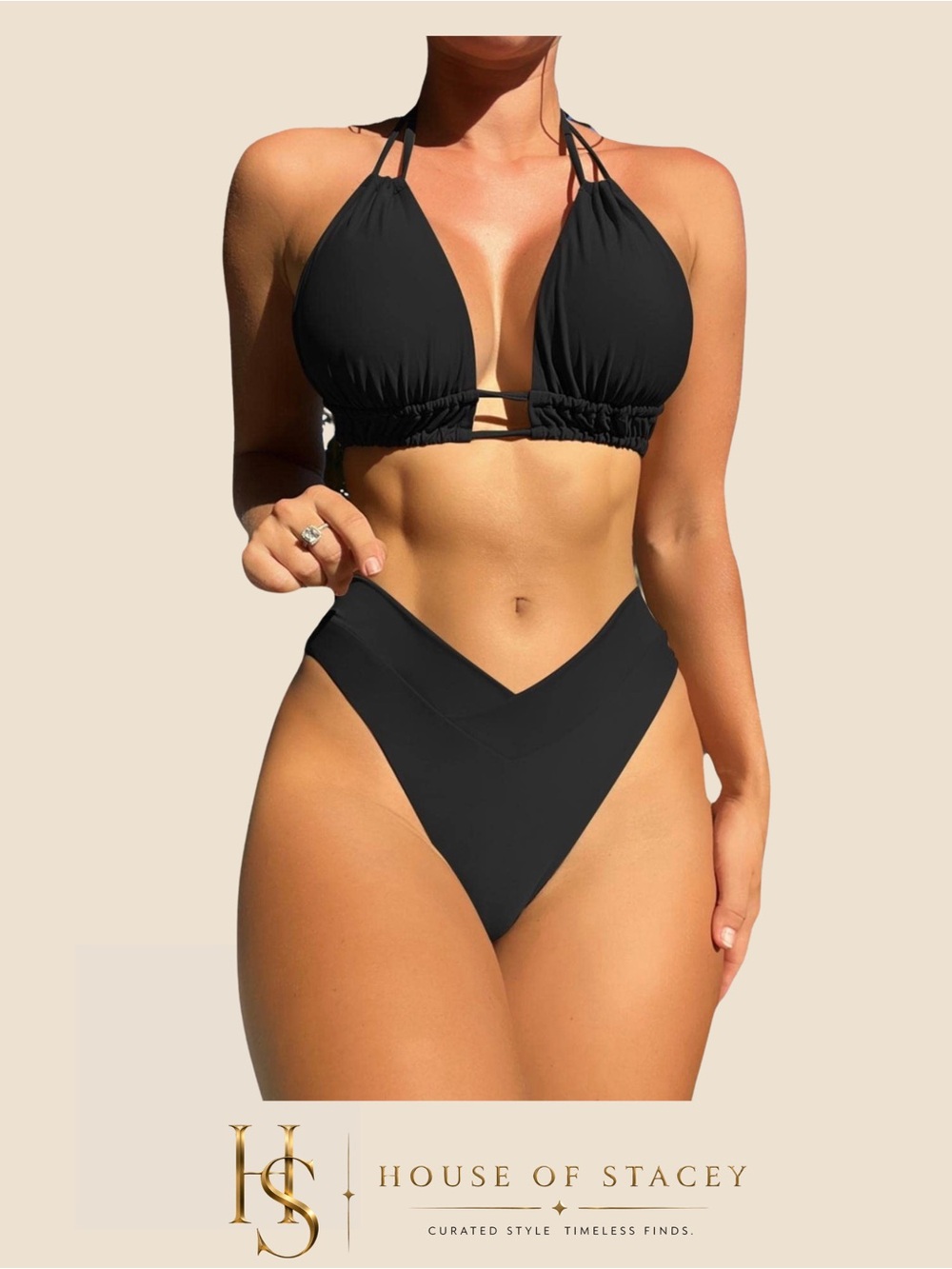 Black Wrap Bikini Set Strappy Tie Top High Waist Bottoms Large